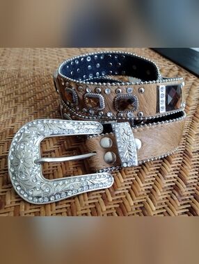 Women’s Embellished Brown Haircalf Western Belt with Silver Buckle